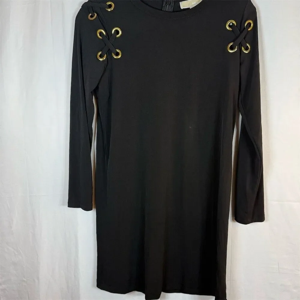 Michael Kors Dress Womens Size S Black Long Sleeve Shift Gold Grommet